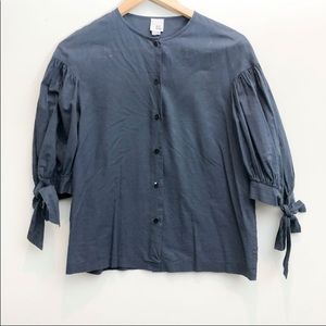 Iris & Ink Tie Bubble Sleeve Button Up Blouse Blue